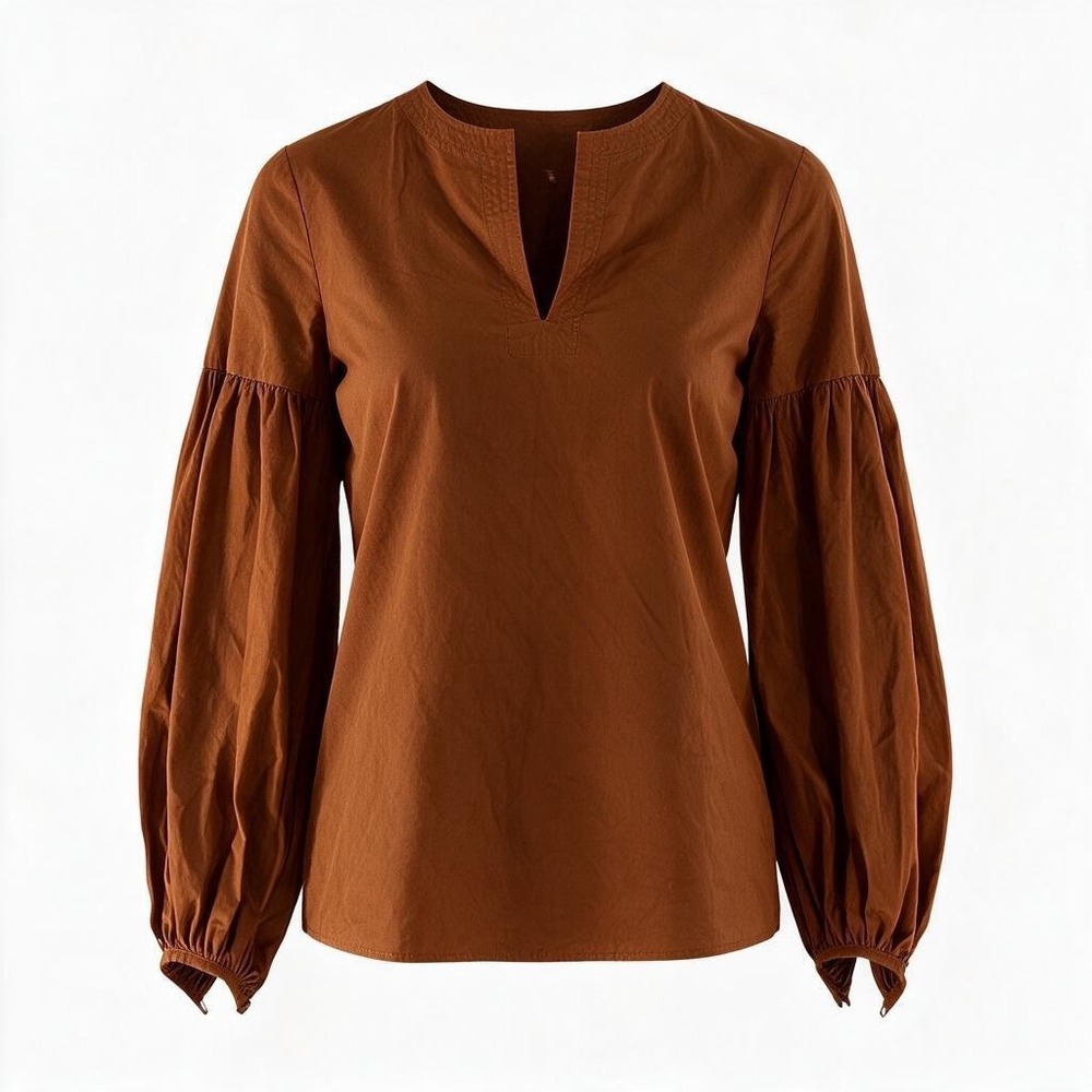 Lafayette 148 New York Rust Orange Cotton Puff Sleeve V-Neck Blouse XS